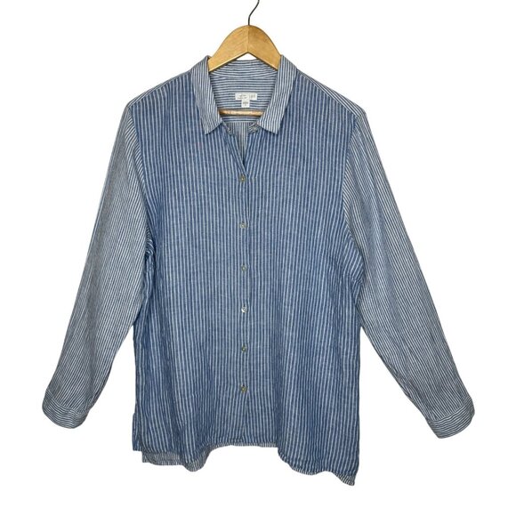 J. Jill Love Linen Essential Shirt Blue Stripe Button Front Women's Top Size XL - Picture 1 of 7